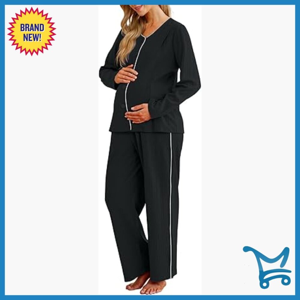 Maternity Nursing Pajama Set Button Down V-Neck Pants Pockets